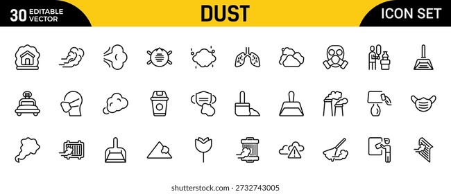 Dust Outline Icon Set - Dünne Linie Reinigung und Luftqualität Icons Kollektion mit Geruch, Rauch, Sand, Staub, Allergen und Staubreinigung Symbole, editierbare Stroke Vektorgrafik