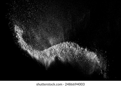 Dust particle powder explosion splash spray abstract black background white texture. Smoke cloud effect motion dynamic scattered flying floating freeze. Dramatic artistic wave flow movement design
