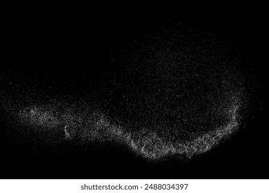 Textura granulada blanca en dificultades. Superposición de polvo con textura. Partículas de ruido de grano. Efecto Nieve. Fondo negro oxidado. Ilustración vectorial, EPS 10.