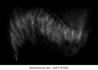 Dust particle powder explosion splash spray abstract black background white texture. Smoke cloud effect motion dynamic scattered flying floating freeze. Dramatic artistic wave flow movement design