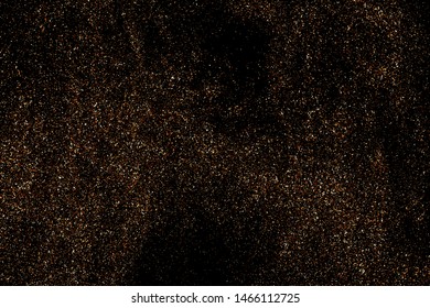 Dust particle texture coffee brown on black background with powder grain scattered spray speckle. Abstract dark subtle fine dot pattern. Minimal grunge overlay effect delicate soft vector illustration