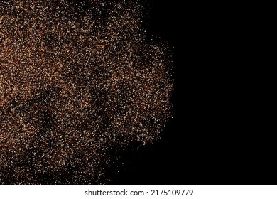 Dust particle texture coffee brown on black background with powder grain scattered spray speckle. Abstract dark subtle fine dot pattern. Minimal grunge overlay effect delicate soft vector illustration