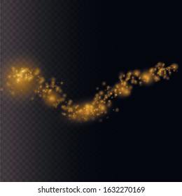 Dust particles fly in space. Beautiful light flashes. Yellow dust. Bokeh effect. horizontal light rays. Glowing streaks of dust on a dark background. Bright abstract sparkling lined background.