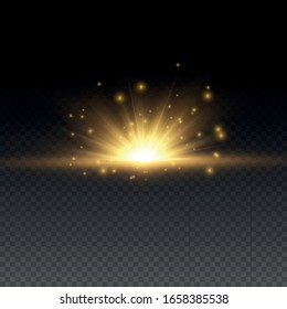 Dust particles fly in space. Beautiful light flashes. Yellow dust. Bokeh effect. horizontal light rays. Glowing streaks of dust on a dark background. Bright abstract sparkling lined background.