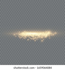 Dust particles fly in space. Beautiful light flashes. Yellow dust. Bokeh effect. horizontal light rays. Glowing streaks of dust on a dark background. Bright abstract sparkling lined background.