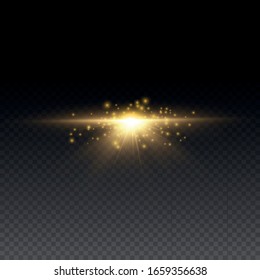  Las partículas de polvo vuelan en el espacio. La luz hermosa brilla.Polvo amarillo. Efecto Bokeh. rayos de luz horizontales. Rasgos brillantes de polvo sobre un fondo oscuro. Fondo resplandeciente abstracto brillante.