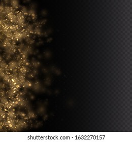 Dust particles fly in space. Bokeh effect. Yellow dust. horizontal light rays. Beautiful light flashes. Glowing streaks of dust on a dark background. Bright abstract sparkling lined background.