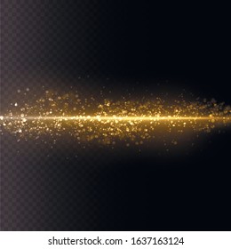 Dust particles fly in space. Bokeh effect. Yellow dust. horizontal light rays. Beautiful light flashes. Glowing streaks of dust on a dark background. Bright abstract sparkling lined background.