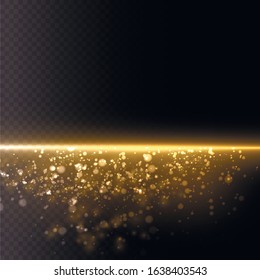 Dust particles fly in space. Bokeh effect. Yellow dust. horizontal light rays. Beautiful light flashes. Glowing streaks of dust on a dark background. Bright abstract sparkling lined background.