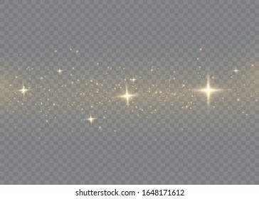 Dust particles fly in space. Bokeh effect. Yellow dust. horizontal light rays. Beautiful light flashes. Glowing streaks of dust on a dark background.