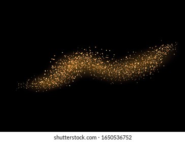 Dust particles fly in space. Bokeh effect. Yellow dust. horizontal light rays. Beautiful light flashes. Glowing streaks of dust on a dark background.