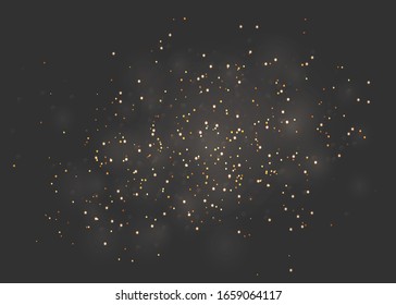 Dust particles fly in space. Gold sparks and golden stars glitter special light effect. Magic dust particles. Vector sparkles on transparent background. Christmas abstract. 