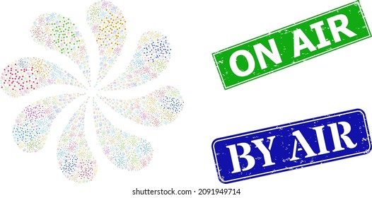 Dust Particles Icon Colored Rotation Abstract Flower Fireworks Composition, And Textured On Air Seal. Blue By Air And Green On Air Rectangle Grunge Seal Stamps.