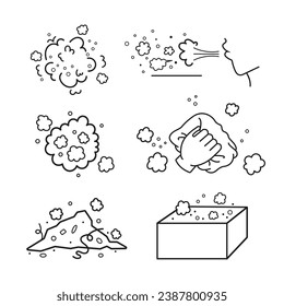 Staubpartikelstapel, Staubblasen auf der Oberfläche und Abwischen von Staubvektorsymbol Kontur einzeln auf quadratischem weißem Hintergrund. Einfache, flache minimalistische monochrome Cartoon-Kunstzeichnung.