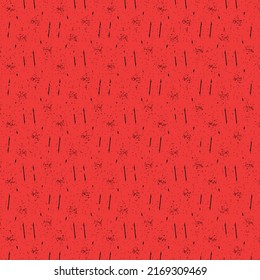 Dust patches, short lines and flecks. Simple pattern on a red background. Wallpaper texture. Textile print.
