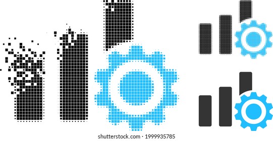 Dust pixelated bar chart settings icon with halftone version. Vector wind effect for bar chart settings symbol.