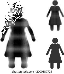 Dust pixelated old woman pictogram with halftone version. Vector wind effect for old woman pictogram. Pixelated burst effect for old woman demonstrates motion of cyberspace things.