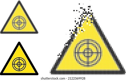 Icono de peligro de destino pixelado con versión de semitono. Efecto de destrucción de vectores para el icono de peligro objetivo. El efecto de ráfaga de píxeles para el peligro objetivo reproduce la velocidad de los artículos del ciberespacio.