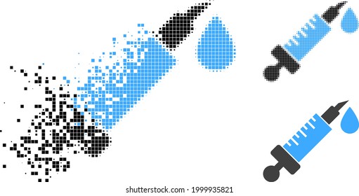 Dust pixelated vaccine icon with halftone version. Vector destruction effect for vaccine icon. Pixel fragmentation effect for vaccine shows movement of virtual concepts.