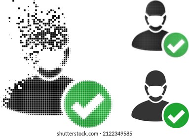 Dust pixelated valid masked man pictogram with halftone version. Vector destruction effect for valid masked man symbol.