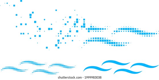 Dust pixelated water surface pictogram with halftone version. Vector wind effect for water surface pictogram. Pixelated dust effect for water surface shows speed of virtual abstractions.