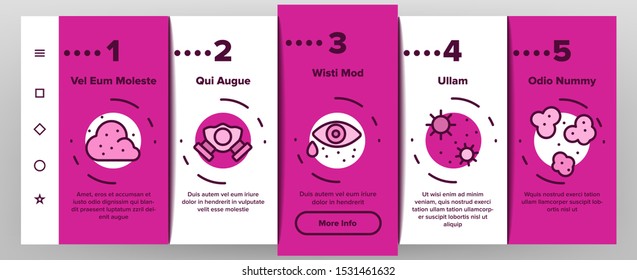 Dust And Polluted Air Onboarding Mobile App Page Screen Vector Thin Line. Mask And Respirator, Lungs And Nose, Environment Pollution And Dust Linear Pictograms. Color Contour Illustrations