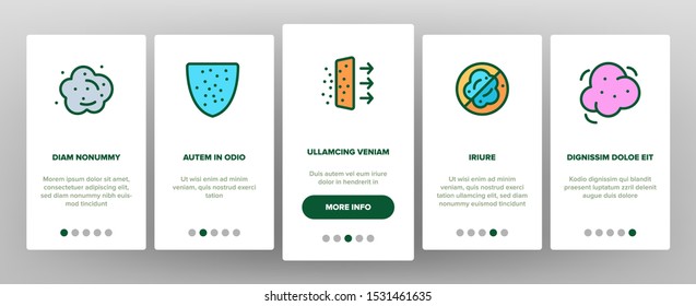 Dust And Polluted Air Onboarding Mobile App Page Screen Vector Thin Line. Mask And Respirator, Lungs And Nose, Environment Pollution And Dust Linear Pictograms. Color Contour Illustrations