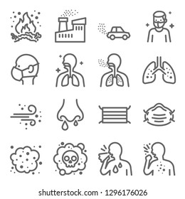 Dust Pollution Vector Line Icon Set. Contains such Icons as Lung, Factory, Dust Mask, Dirt Air and more. Expanded Stroke