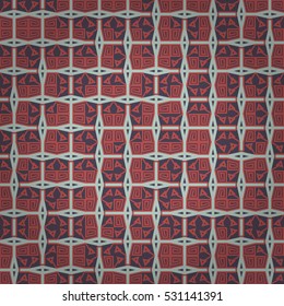 Dust purple geometric seamless pattern background in ancient style. Knotty mosaic repeatable backdrop.
