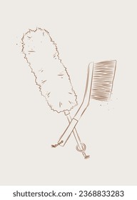 Dust remover tool and brush drawing in graphic style on beige background