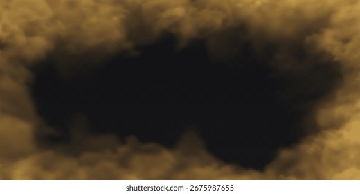 Marco de borde de arena de polvo sobre fondo oscuro transparente. Nube de humo de Vector.
