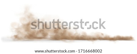 Dust sand cloud on a dusty road from a car. Scattering trail on track from fast movement. Transparent realistic vector stock illustration