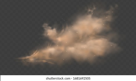 Dust sand cloud with stones and flying dusty particles isolated on transparent background. Desert sandstorm. 