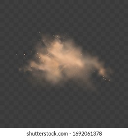 Dust sand cloud with stones and flying dusty particles isolated on transparent background. Desert sandstorm. Realistic vector illustration