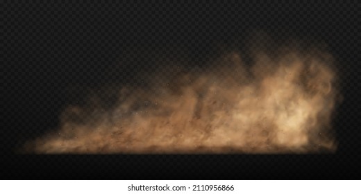 Nube de arena de polvo con piedras y partículas polvorientas voladoras aisladas sobre un fondo transparente. Nube polvorienta marrón o arena seca volando. Ilustración vectorial realista.