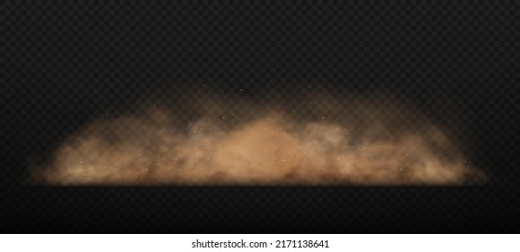 Dust sand cloud with stones and flying dusty particles isolated on transparent background. Brown dusty cloud or dry sand flying. Realistic vector illustration.