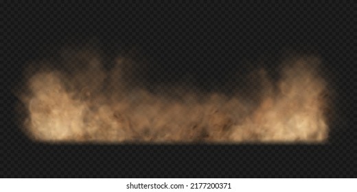 Dust sand cloud with stones and flying dusty particles isolated on transparent background. Brown dusty cloud or dry sand flying. Realistic vector illustration.