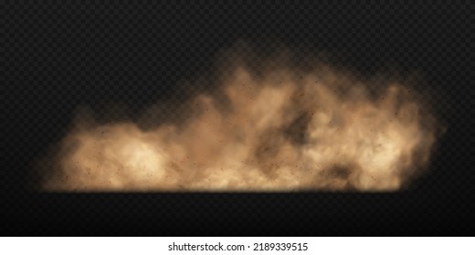 Nube de arena de polvo con piedras y partículas polvorientas voladoras aisladas sobre un fondo transparente. Nube polvorienta marrón o arena seca volando. Ilustración vectorial realista.