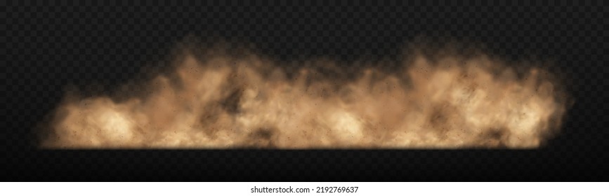 Dust sand cloud with stones and flying dust particles isolated on transparent background. Brown dusty cloud or dry sand flying. Realistic vector illustration.