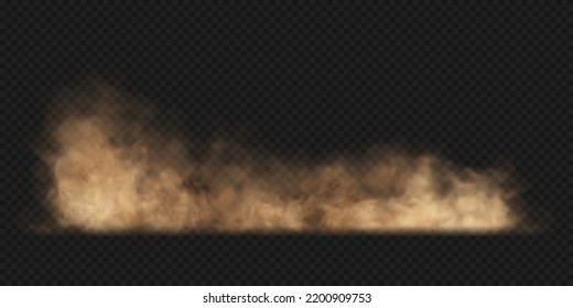 Dust sand cloud with stones and flying dusty particles isolated on transparent background. Brown dusty cloud or dry sand flying. Realistic vector illustration.