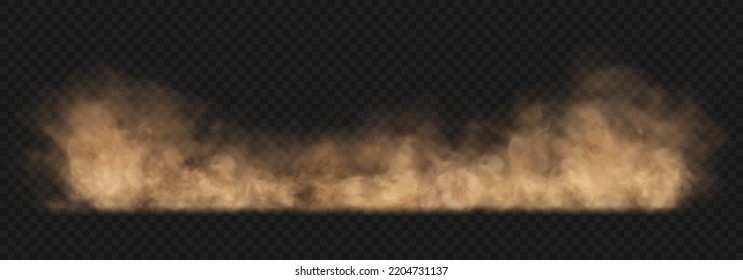 Dust sand cloud with stones and flying dusty particles isolated on transparent background. Brown dusty cloud or dry sand flying. Realistic vector illustration.