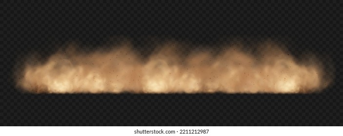 Dust sand cloud with stones and flying dusty particles isolated on transparent background. Brown dusty cloud or dry sand flying. Realistic vector illustration.