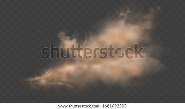 Dust sand\
cloud with stones and flying dusty particles isolated on\
transparent background. Desert sandstorm.\
