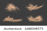 Dust sand clouds set with stones and flying dusty particles isolated on transparent background. Desert sandstorm. Realistic vector illustration