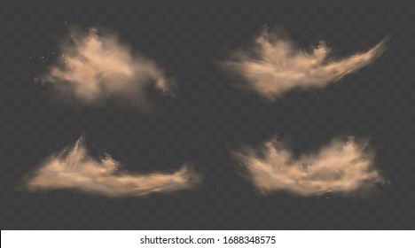 Nubes de arena polvo con piedras y partículas polvorientas voladoras aisladas sobre un fondo transparente. Tormenta de arena del desierto. Ilustración vectorial realista