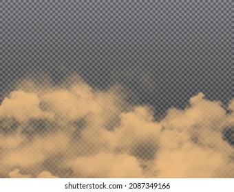 Dust, Sand Dirt Clouds On Transparent Background. Realistic Vector Road Dust, Car Smoke And Desert Sand Storm Wind. City Smog Toxic Haze, Environment Atmosphere Pollution And Dirty Air Backdrop