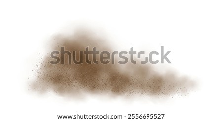 Dust of sand explosion with smoke cloud on transparent background. Desert sandstorm backdrop. Brown sandstorm splash with flying particles and wind effect. Abstract vector illustration