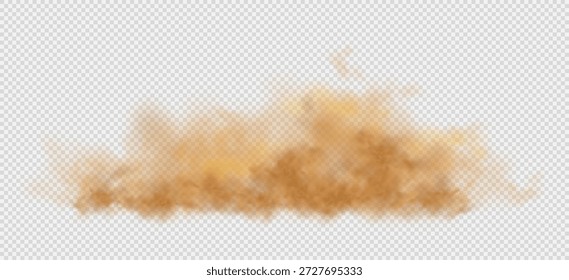 Poeira, areia e fumaça criam uma densa nuvem de deserto com um forte efeito de sujeira. Partículas castanhas voadoras se espalham no ar formando uma textura de fundo empoeirada, cobertura de tempestade de areia abstrata isolada em transparente