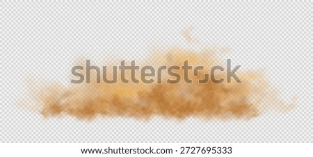 Dust, sand and smoke create a dense desert cloud with a strong dirt effect. Brown flying particles scatter in air forming a dusty background texture, abstract sandstorm overlay isolated on transparent