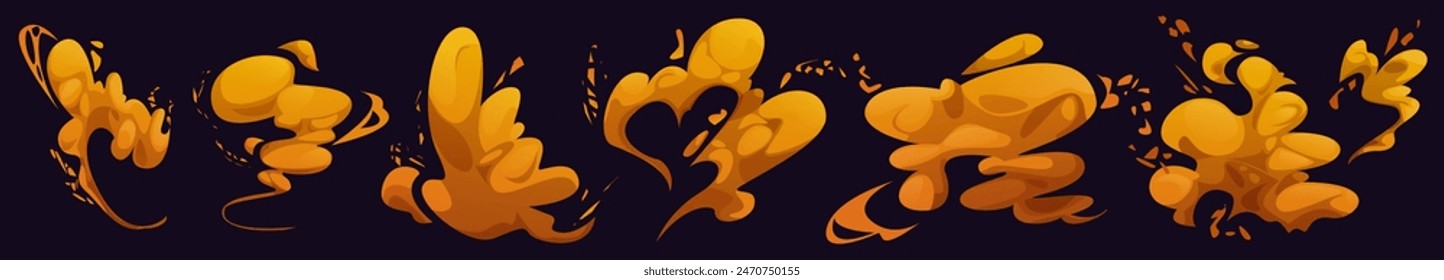 Dust smoke and magic cloud air spray comic cartoon. Speed steam puff effect. Bomb explosion and fog isolated set. Abstract smog vapor texture element for manga game graphic. Fume motion trail